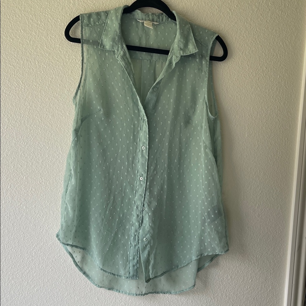 H&M Mint Green Swiss dot Sleeveless Button-Down Blouse